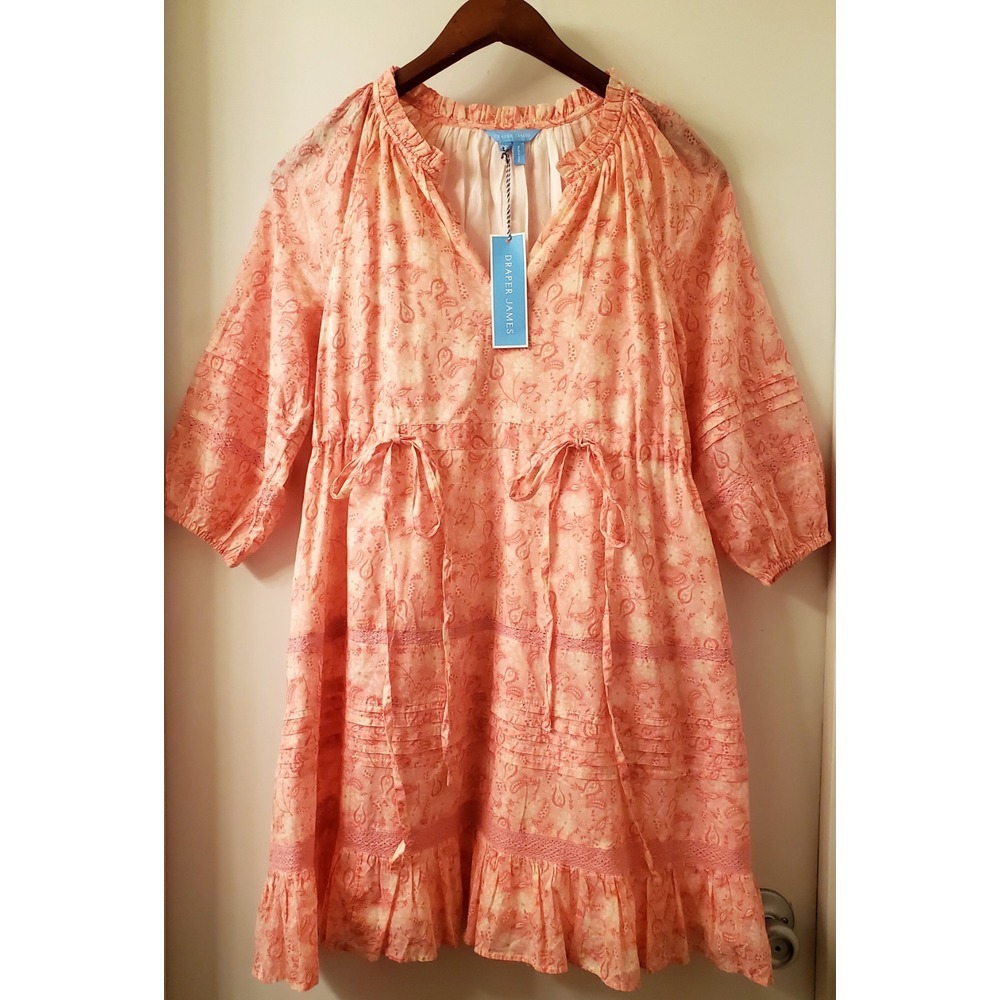 Draper James Sundress XS Kellie Lt. Pink Paisley Babydoll Ruffle Pleat Open Neck